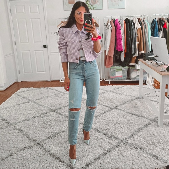 Zara purple/white checkered cropped blazer NWT - Picture 6 of 10